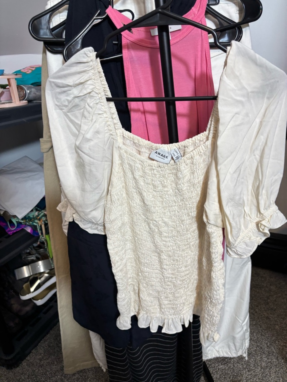 Aware Cream Smocked Puff-Sleeve Women's Top